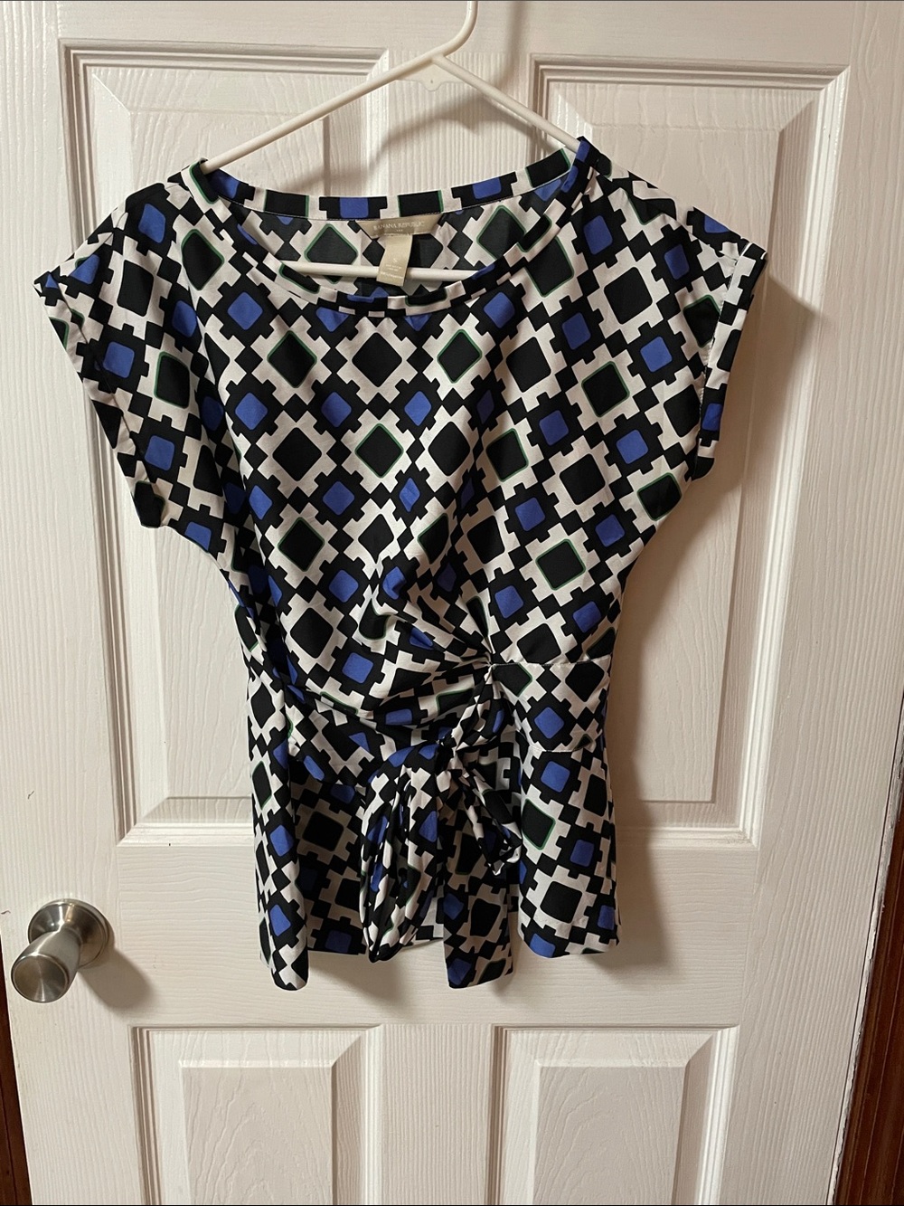 Banana Republic Geometric Short-Sleeve Ruched Blouse - Blue, Black & White